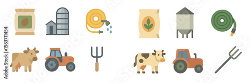 Various agriculture and farming icons illustrating essential tools and elements of rural life on a farm