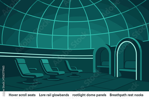 Futuristic dome interior with hover seats, glowband rails, and rest nooks