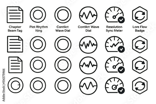 Gold-toned icon set featuring narrative tools like chapter tags, wave dials, and sync meters