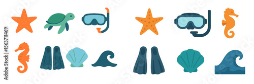 Colorful marine icons featuring sea creatures and diving equipment in a playful design for ocean-themed projects