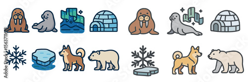 Cute arctic animals in a cold environment with igloos and northern lights in a playful illustration