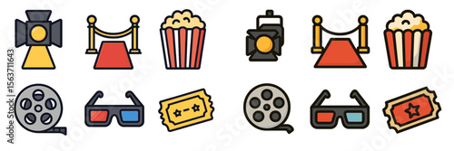 Colorful movie-themed icons featuring red carpet, popcorn, and film equipment set against a white background