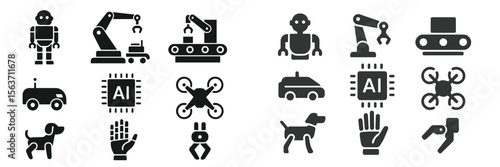 Icons illustrating robotics and artificial intelligence concepts in a modern context with various applications