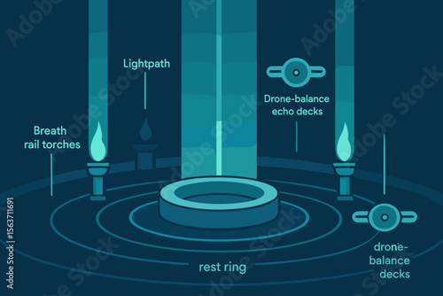 Futuristic meditation platform with labeled lightpath, torches, and drone decks