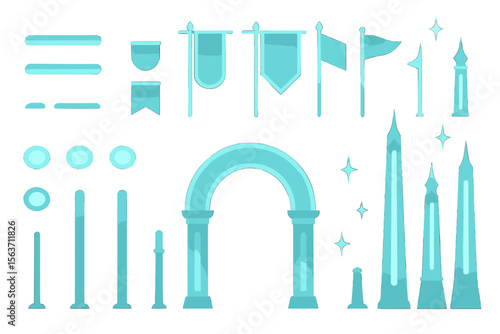 Glowing blue architectural icons including flags, arches, obelisks, and poles