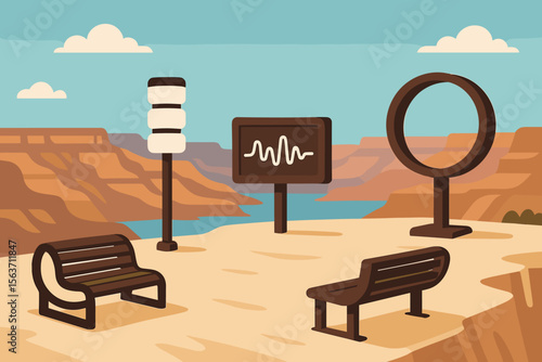 Modern desert viewpoint with benches and soundwave display structures