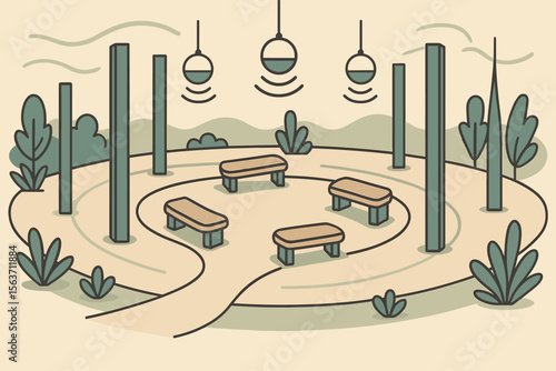 Illustration of a tranquil outdoor circle with benches and sound pillars