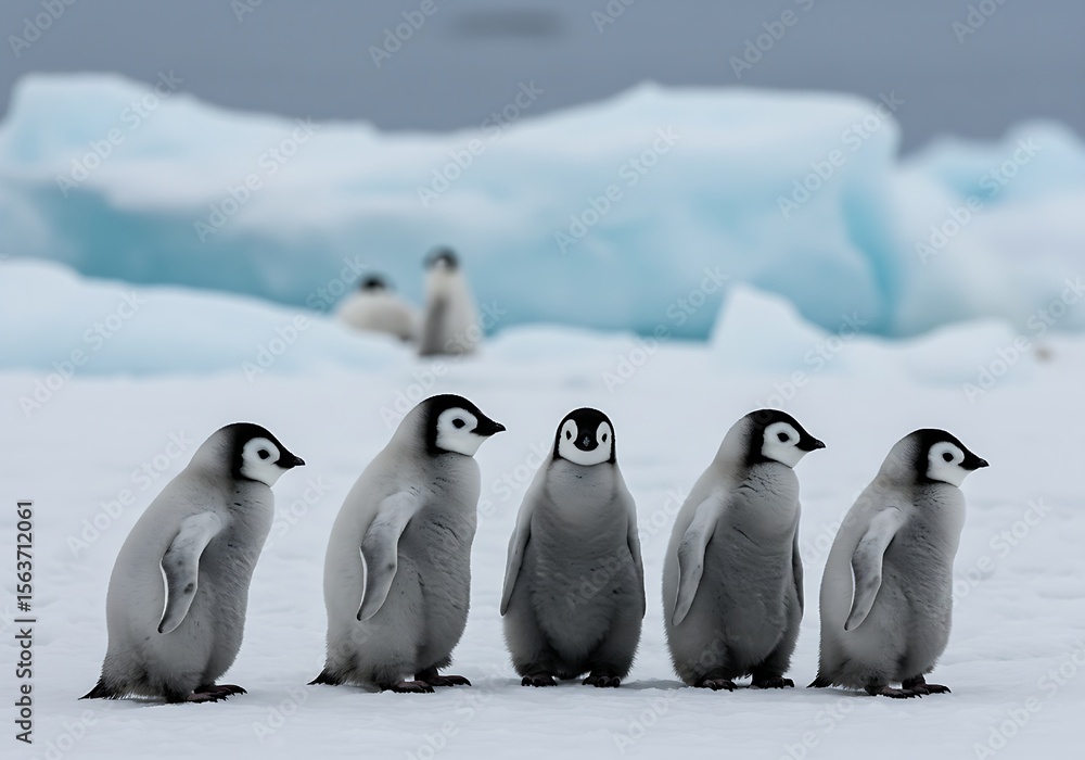 Fototapeta premium Adorable Group of Baby Penguins Standing on Snowy Ice