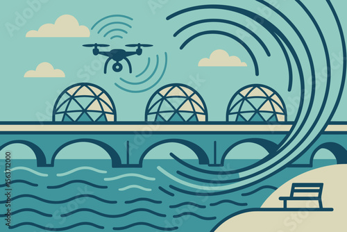 Stylized drone flying over domed bridge with signal waves and sea