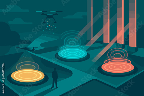 Futuristic scene with drones activating glowing energy platforms