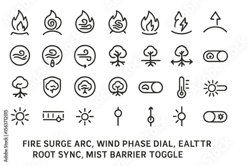 Minimalist icon set themed around fire, wind, trees, and environmental toggles