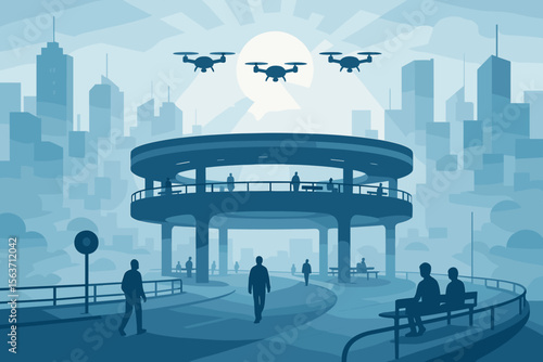 Futuristic city plaza with drones and elevated circular walkway