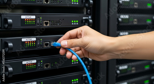 Computer technician connects network cables in server room. Man works with server equipment, fixes computer problems. Data center, internet, support, network engineer job, data protection, cyberspace.