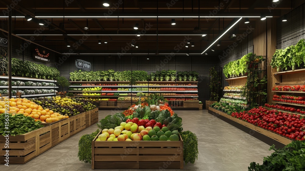 Fototapeta premium Fresh Produce Display in Modern Grocery Store with Colorful Arrangement of Fruits and Vegetables in Wooden Bins and Shelves for Healthy Eating Promotion