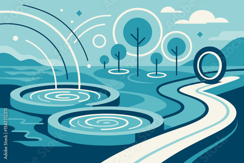 Surreal landscape with circular pools, abstract trees, and curved path