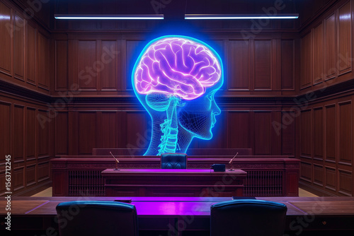 Justice and Cognition: Illuminated Brain Hologram in Courtroom, Legal Psychology Concept.