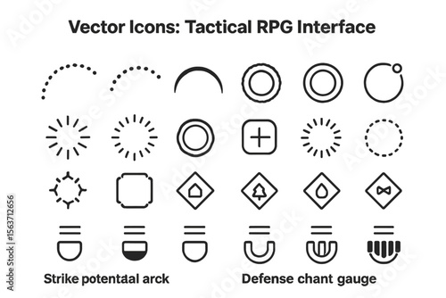 Monochrome tactical RPG UI icons for gauges, status, and targeting
