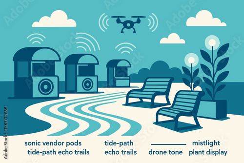 Futuristic park design featuring sonic pods, drone, and interactive elements.