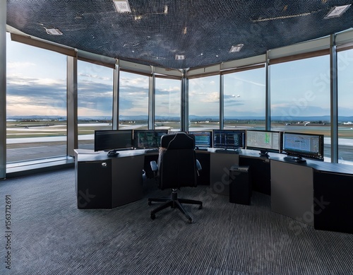 An airport security control room with panoramic security feed, radar system display, and modern dark furniture layout