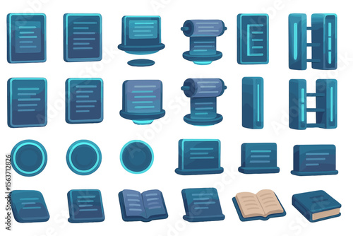 Stylized glowing icons of books, tablets, and scrolls in a digital library