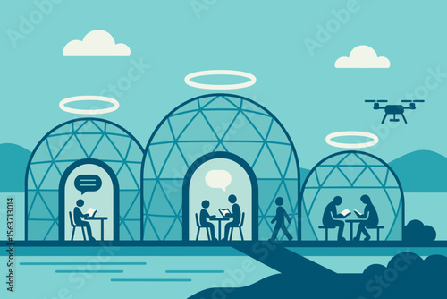 Futuristic outdoor learning domes with drones and digital communication