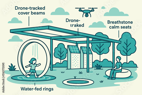 A futuristic outdoor park scene featuring drone-tracked cover beams, water-fed rings for playful interaction, and Breathstone calm seats for relaxation in a green, eco-friendly environment.