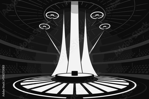 Futuristic scene with drones and dramatic lighting in a large, circular arena.