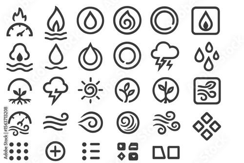 Set of elemental icons with symbols for fire, water, earth, air, and energy