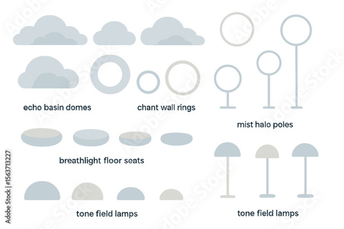 A series of futuristic architectural elements and lighting designs, including echo basin domes, chant wall rings, mist halo poles, breathlight floor seats, and tone field lamps.