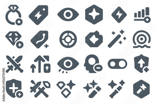 Dark monochrome fantasy RPG icons featuring magic, stats, and combat symbols