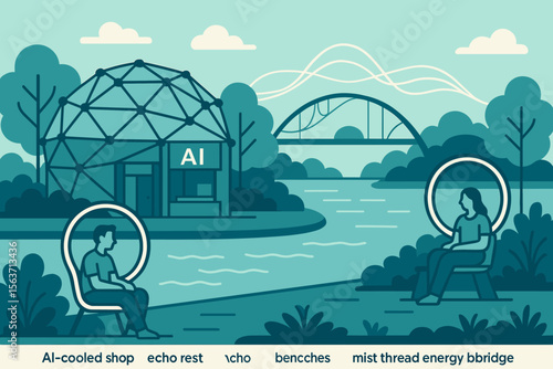 Futuristic city park with AI-cooled shop, resting people, and a bridge.