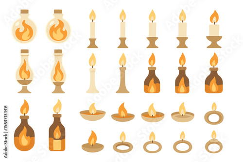 Set of 20 illustrations of burning candles, oil lamps, and bottles with flames, featuring various styles and containers.