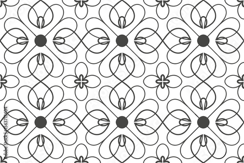 A symmetrical pattern of floral shapes with bold black centers, creating a modern, minimalist design with looping lines.