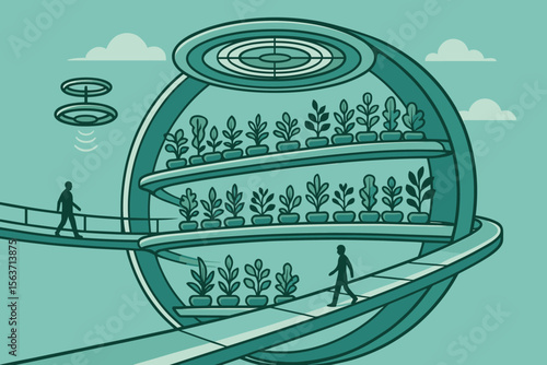 Illustration of a futuristic spherical greenhouse with layered plant beds