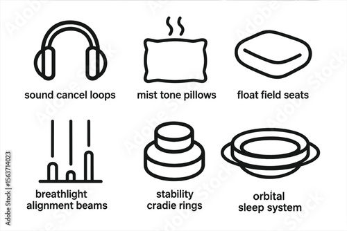 Futuristic icons for advanced comfort systems, including sound canceling, sleep aids, and seating.