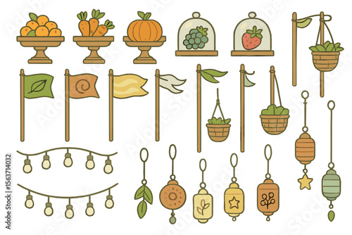 Hand-drawn harvest festival icons with produce, flags, and lanterns