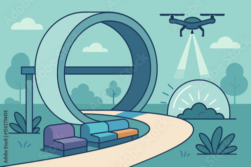 Futuristic outdoor park with a drone, circular structure, and colorful seating.