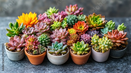 Wallpaper Mural Succulent collection. Colorful potted plants on gray surface Torontodigital.ca