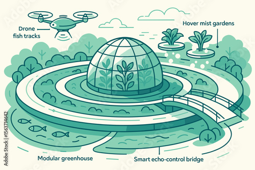 Futuristic green landscape with a modular greenhouse, hover mist gardens, and a smart echo-control bridge, featuring drones and fish tracks.