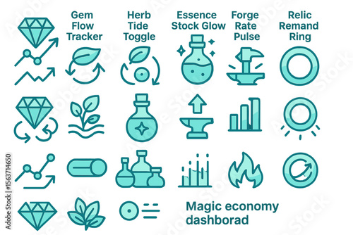 Vector icons for a magical economy dashboard, featuring symbols for gem flow, herb tide, essence stock, forge rate, and relic rings.