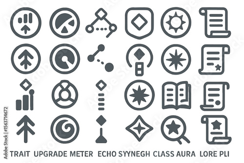 A set of vector icons representing various game elements, including trait upgrades, synergies, class auras, lore, and more, with geometric and symbolic designs.