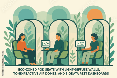 Illustration of eco-friendly pod seats with light-diffuse walls, air domes, and biodata rest dashboards in a serene environment.