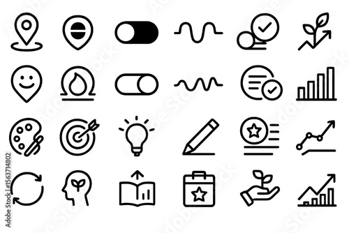 Set of business and productivity icons, including growth, creativity, and analysis