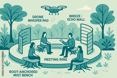 Futuristic outdoor meeting space with drone and nature-inspired seating