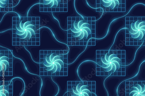 Futuristic pattern with glowing turbine-like shapes and grid backgrounds