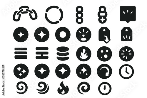 Set of abstract icons with circular, swirling, and geometric designs, featuring symbols like stars, fire, arrows, and time-related elements.