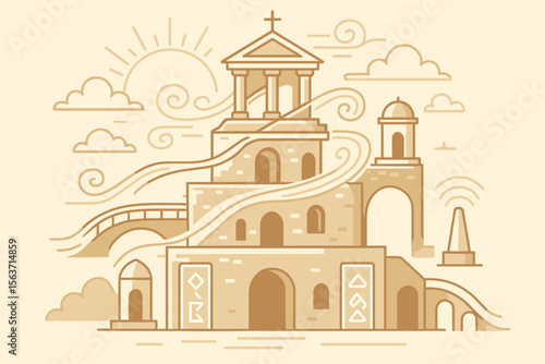 Abstract line art of a historic building with clouds and swirling winds