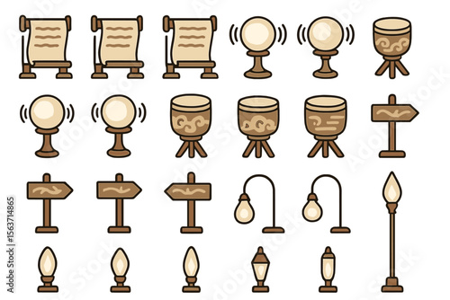 Set of mystical icons, including scrolls, lanterns, signs, and crystal balls