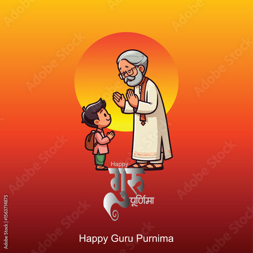 happy Guru Purnima teacher blassing indian  elder, digital illustration, vibrant colors, traditional indian art style teacher is blassing student guru purnima hindi calligraphy