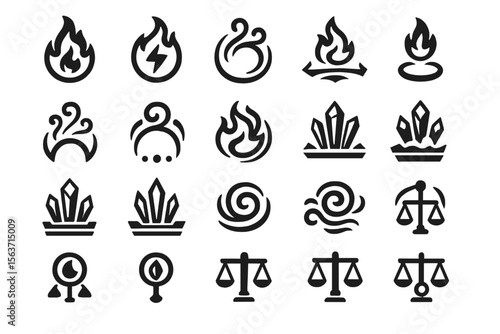 Set of elemental symbols and balance icons in minimalist design